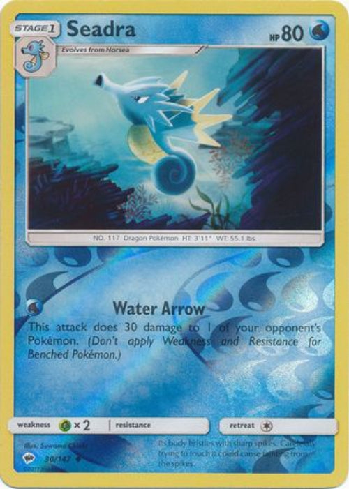 Pokémon trading card featuring Seadra with blue and yellow design