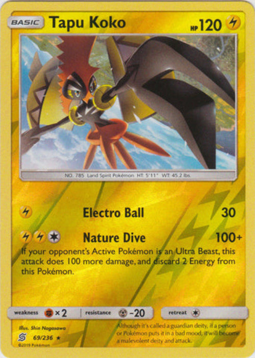 Pokémon trading card featuring Tapu Koko with yellow border and character illustration.