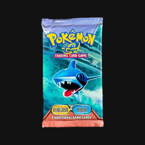 Pokémon trading card game pack with a shark character on a blue and green background