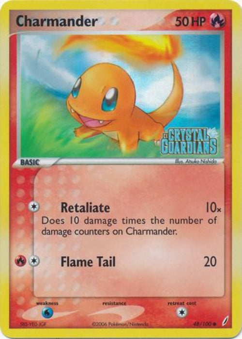 Pokémon trading card featuring Charmander with game details.