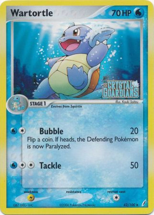 Wartortle trading card from the Crystal Guardians set with blue and yellow border