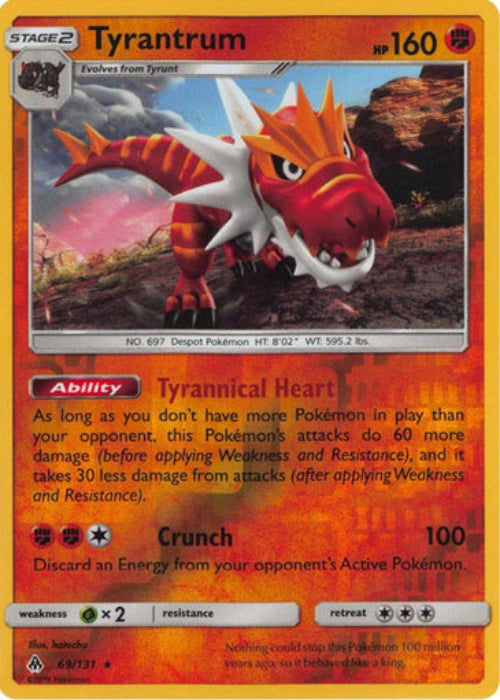 Pokémon trading card featuring Tyrantrum with red and orange dragon-like creature on a white background