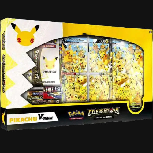 Pokémon Pikachu Vunion Celebrations Special Collection packaging with various cards and toys.