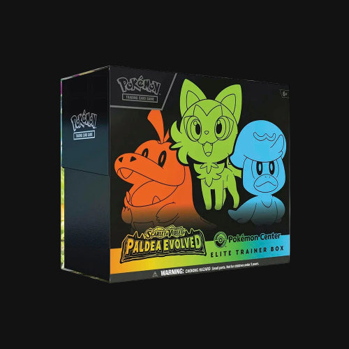 Pokémon trading card game box with three character illustrations on a black background