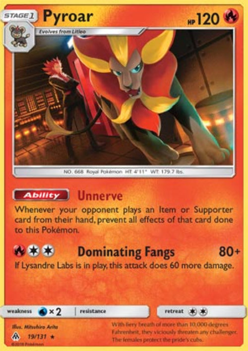 Pyroar Pokémon trading card with character and details