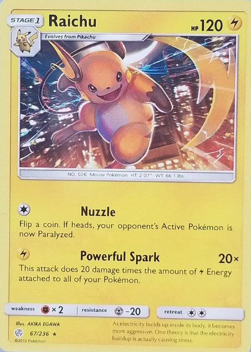 Pokémon trading card featuring Raichu on a clear background