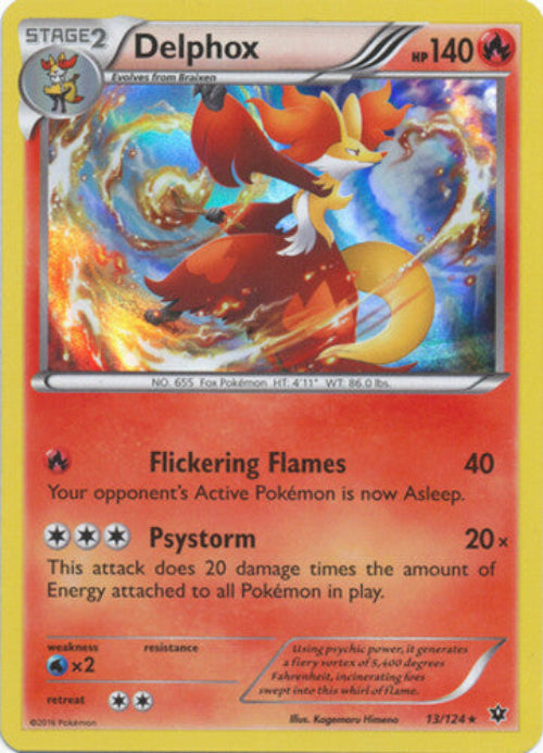 Pokémon trading card featuring Delphox with fiery design and text.