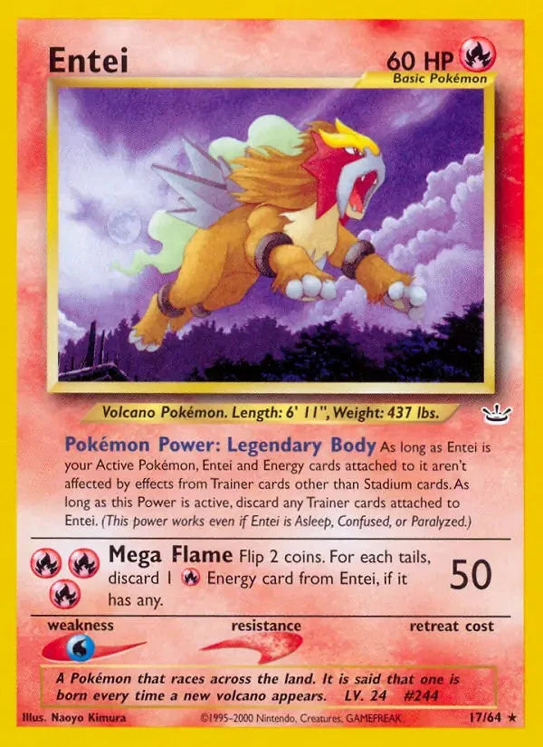 Pokémon trading card featuring Entei with a volcano and cloud background