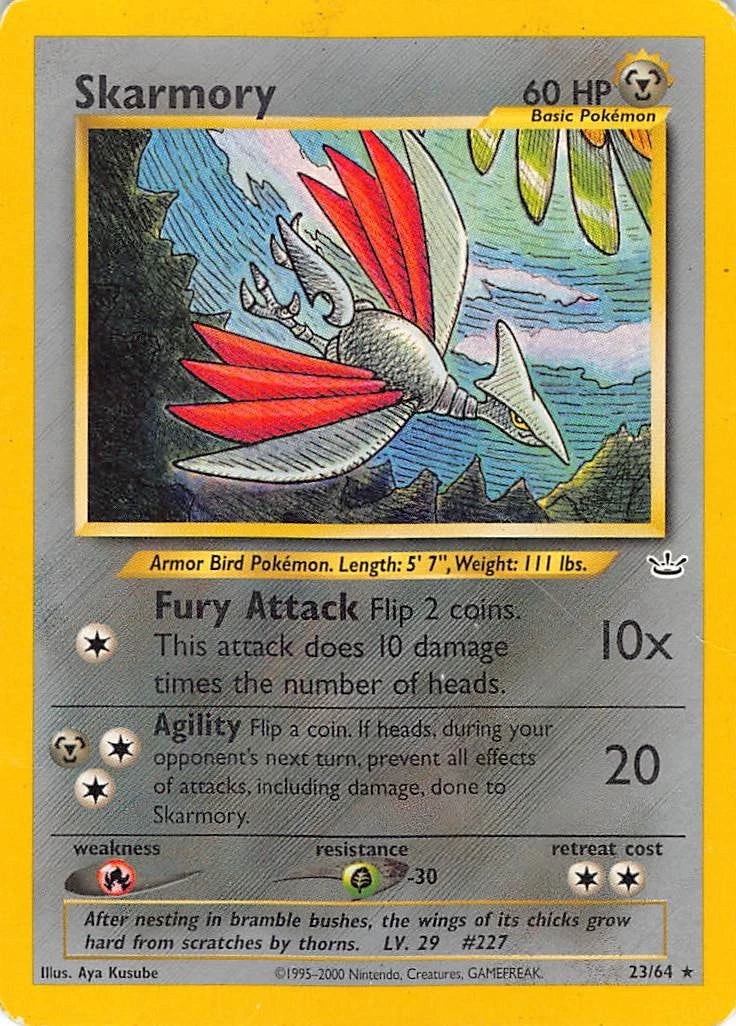 A vintage Pokémon trading card for Skarmory, featuring a detailed illustration of the Pokémon flying over water with red wings, set against a gray background with a yellow border.