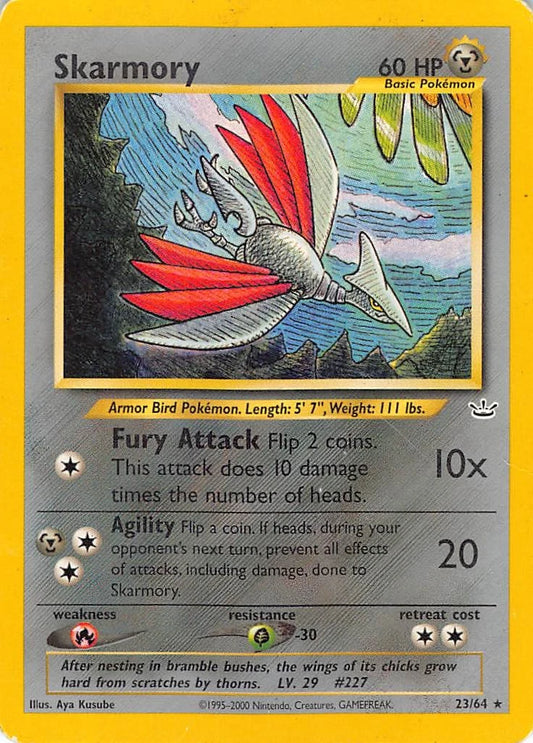 A vintage Pokémon trading card for Skarmory, featuring a detailed illustration of the Pokémon flying over water with red wings, set against a gray background with a yellow border.