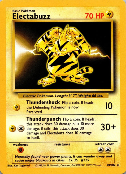A single Pokémon trading card featuring Electabuzz from the Basic set. The card has a yellow-gold border, black background in the center artwork area, and yellow electric-themed graphics and text.